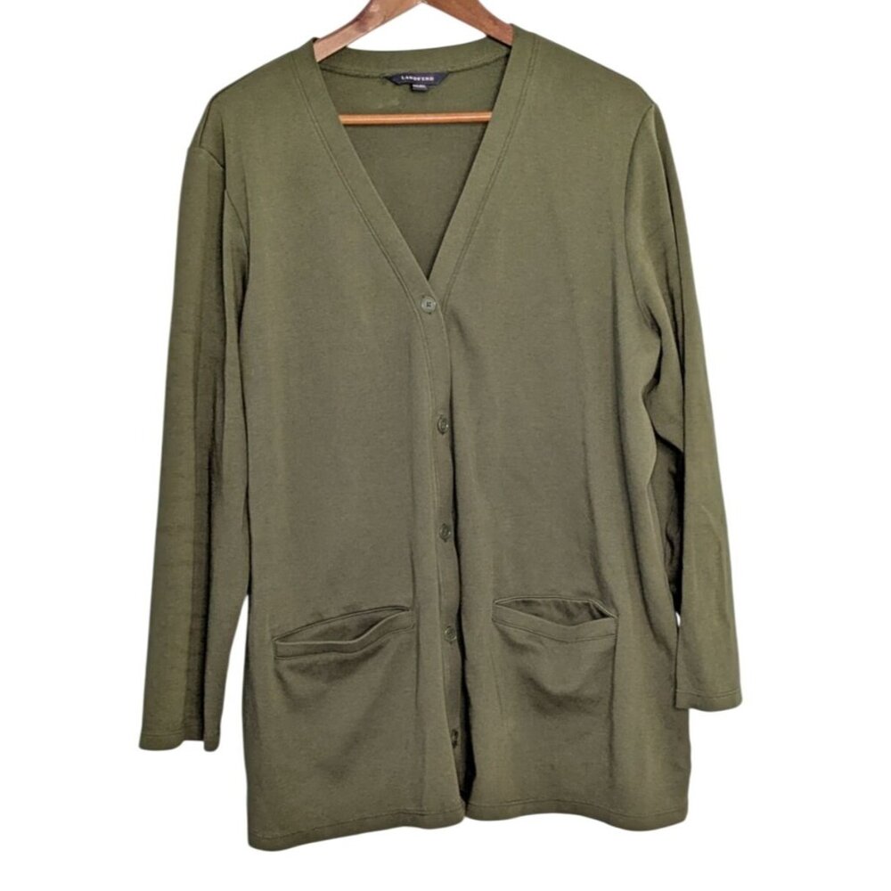 Lands' End Olive Green V-Neck Button-Front Long Cardigan Pockets Womens 20W-22W